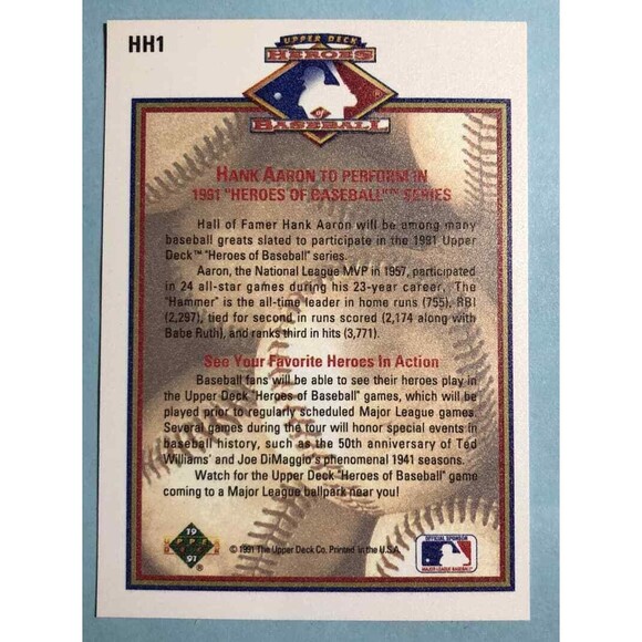 1991 Upper Deck Baseball Heroes Atlanta Braves Hank Aaron SP Hologram Card #HH1 - Picture 2 of 2